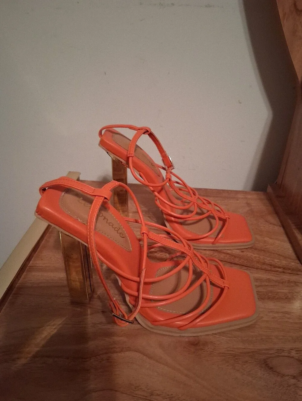 Women's Orange Strappy High Heel Sandals with Metallic Block Accent